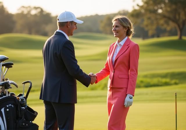 Golfspieler sch&uuml;tteln sich auf dem Green die H&auml;nde