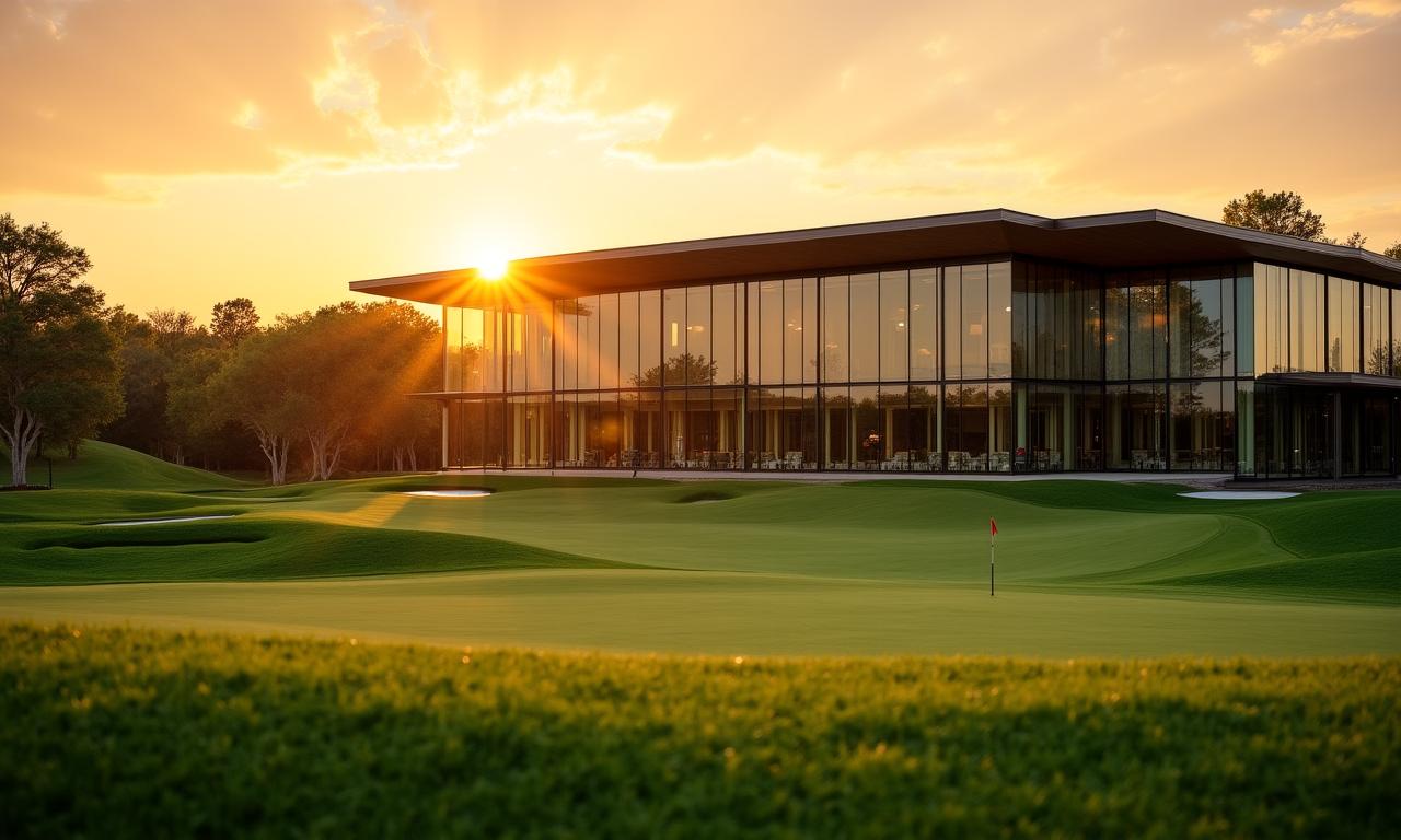 Exklusives Clubhaus des Coral Tee Golf Club bei Sonnenuntergang