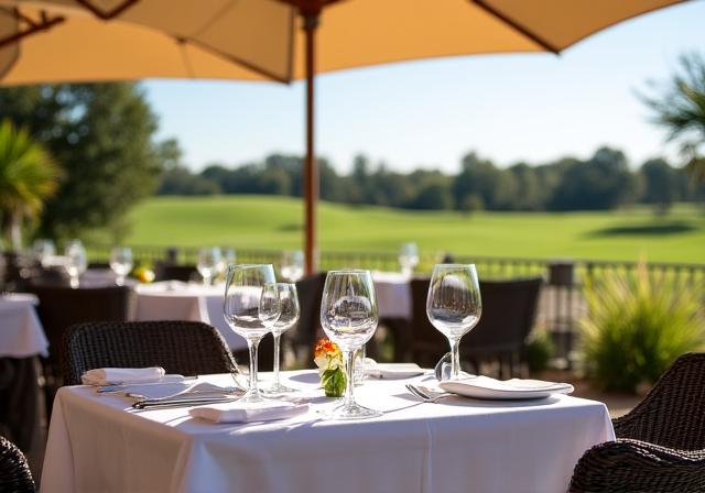 Elegante Sonnenterrasse mit Blick auf den Golfplatz