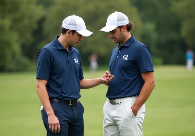 Golflehrer zeigt Schülern den perfekten Schwung