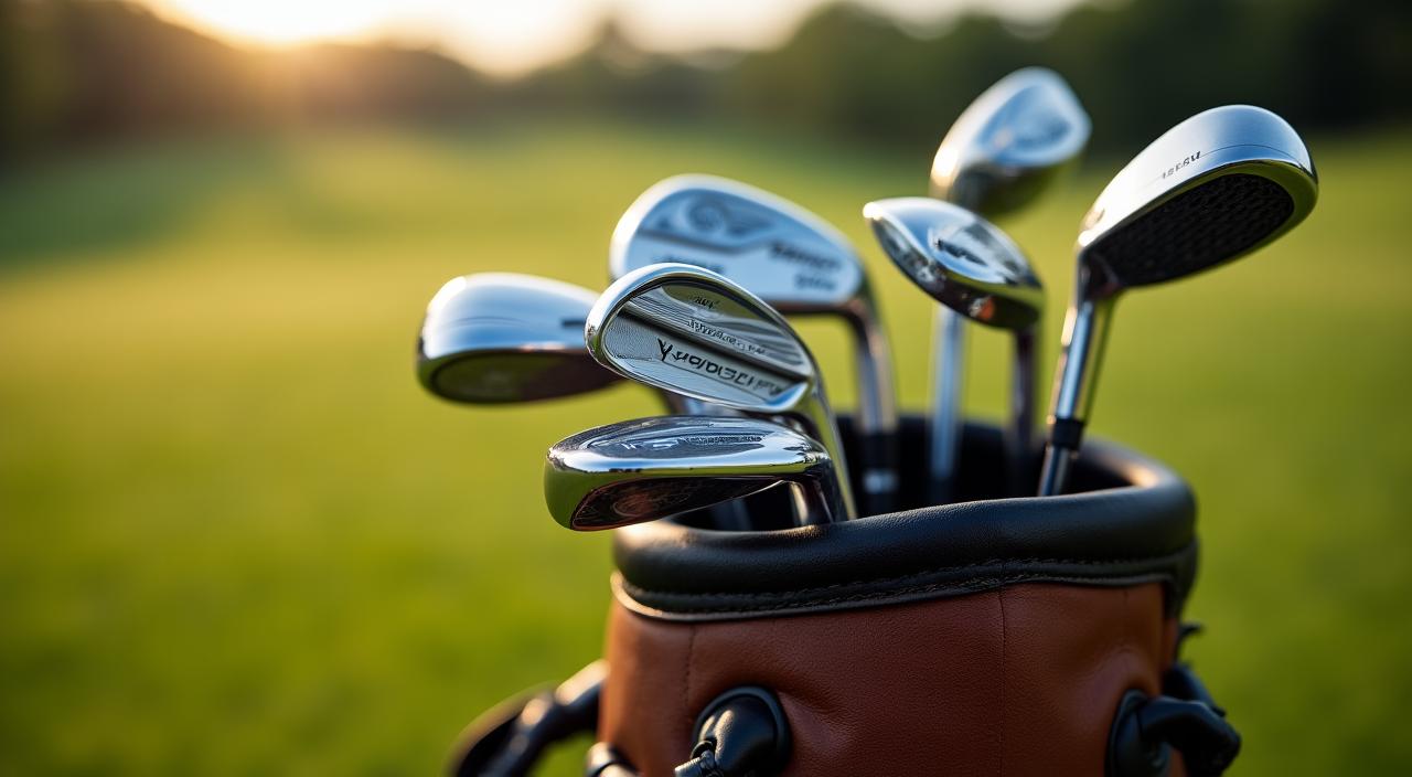 Nahaufnahme verschiedener Golfschläger in einer Ledertasche