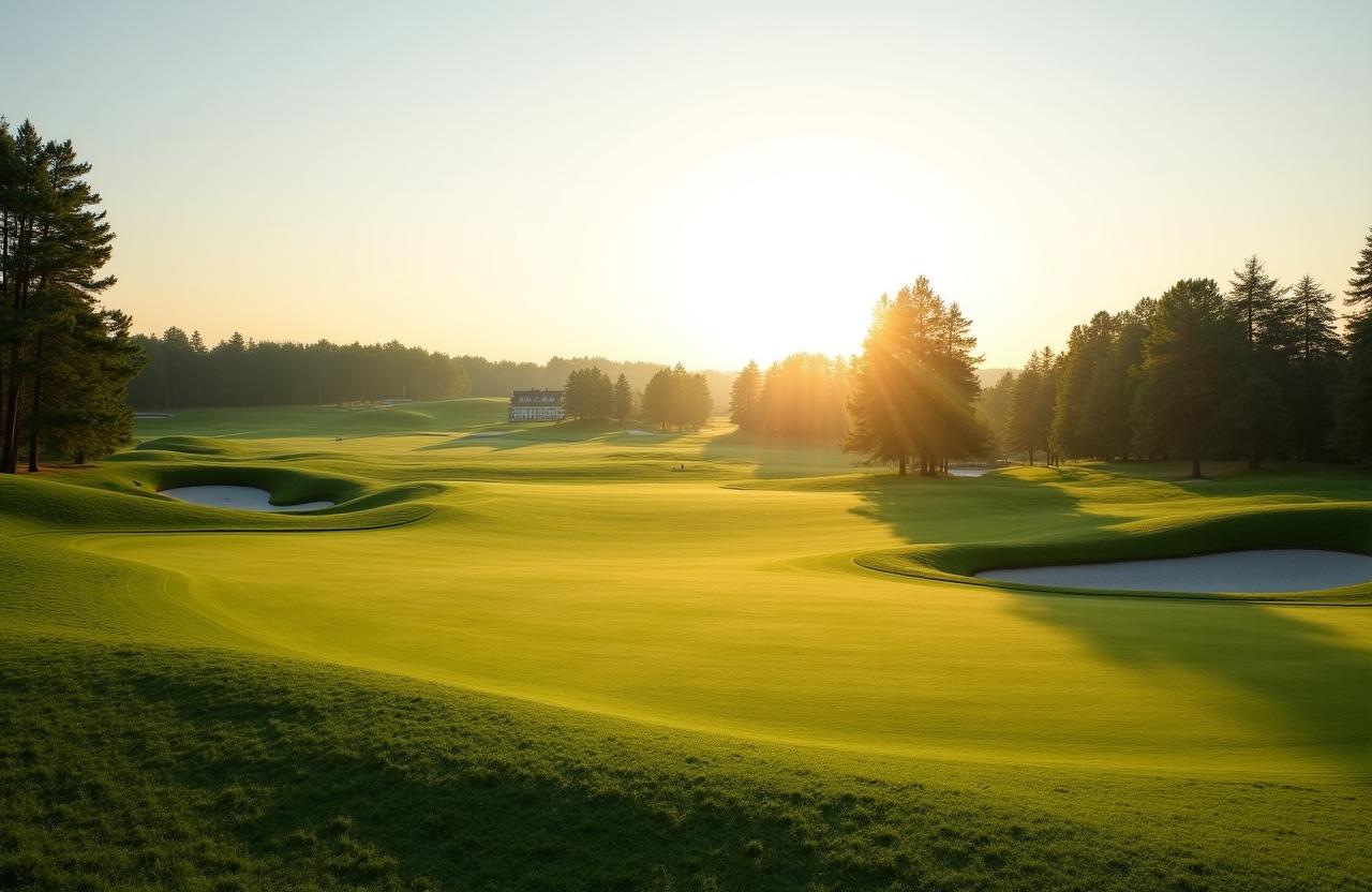 Panoramablick über den 18-Loch Championship Golfplatz in Wien bei Sonnenaufgang